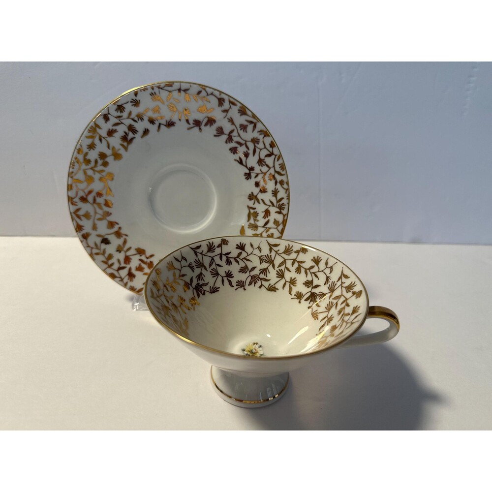 Kronester White with Gold Leaf Pattern Porcelain Tea Cup and Saucer - Germany